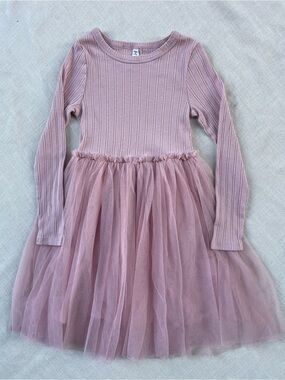 Long Sleeve Ribbed Bodice Tulle Skirt Dress - Dusty Pink
